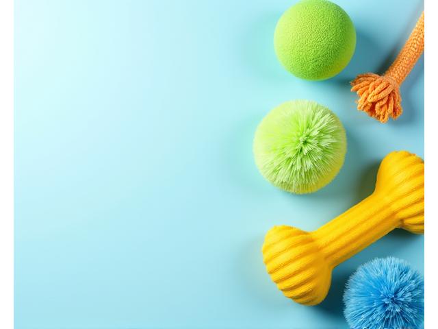 Various clean dog toys neatly arranged, highlighting hygiene