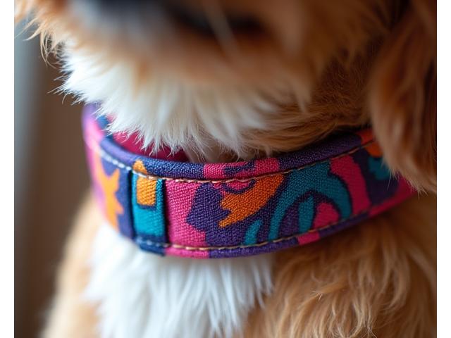 A vibrant dog collar with a unique, artistic pattern, possibly geometric or floral.