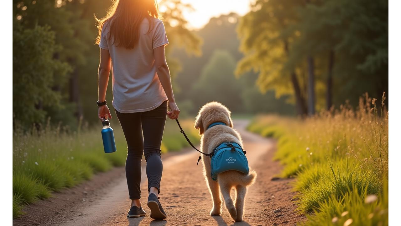 A pet owner and their dog enjoying an outdoor activity together, perhaps hiking or at a park, emphasizing a sustainable pet lifestyle.