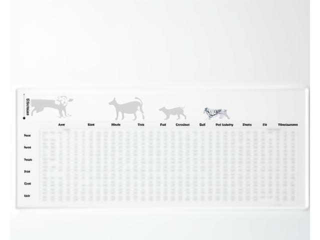 Close-up of a meticulously designed sizing chart for dog collars and harnesses, featuring various breed silhouettes (e.g., Great Dane, Labrador, Pitt Bull) with corresponding neck and chest measurements. The chart uses clear typography and our brand colors, suggesting precision and care.