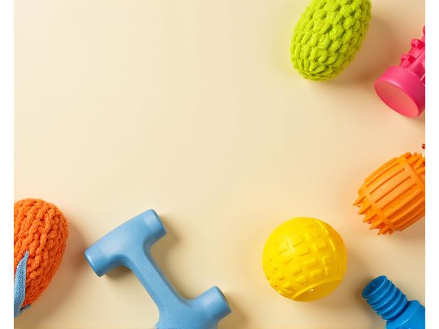 Assortment of colorful, durable dog toys: chew, puzzle, and squeaky ball