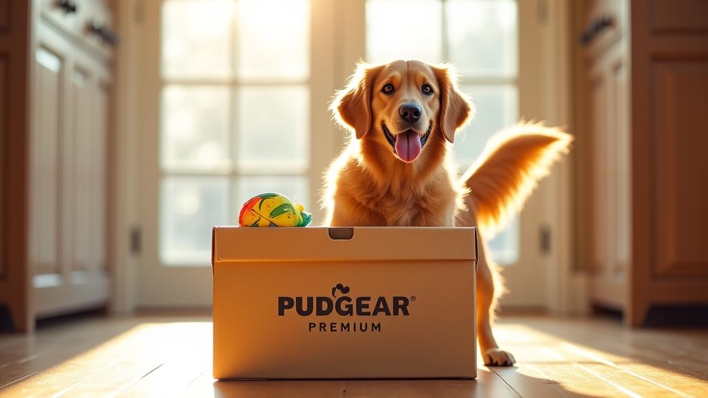 A package with a wagging golden retriever tail peeking out, symbolizing happy delivery and easy returns